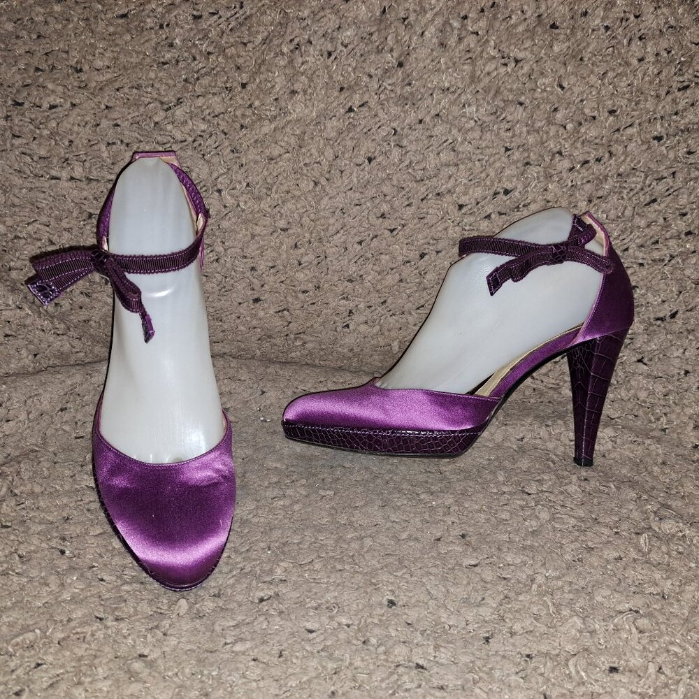 Hugo BOSS-Italy-Purple Satin/Snakeskin Leather-Ankle Wrap-Sz 37-Excellent